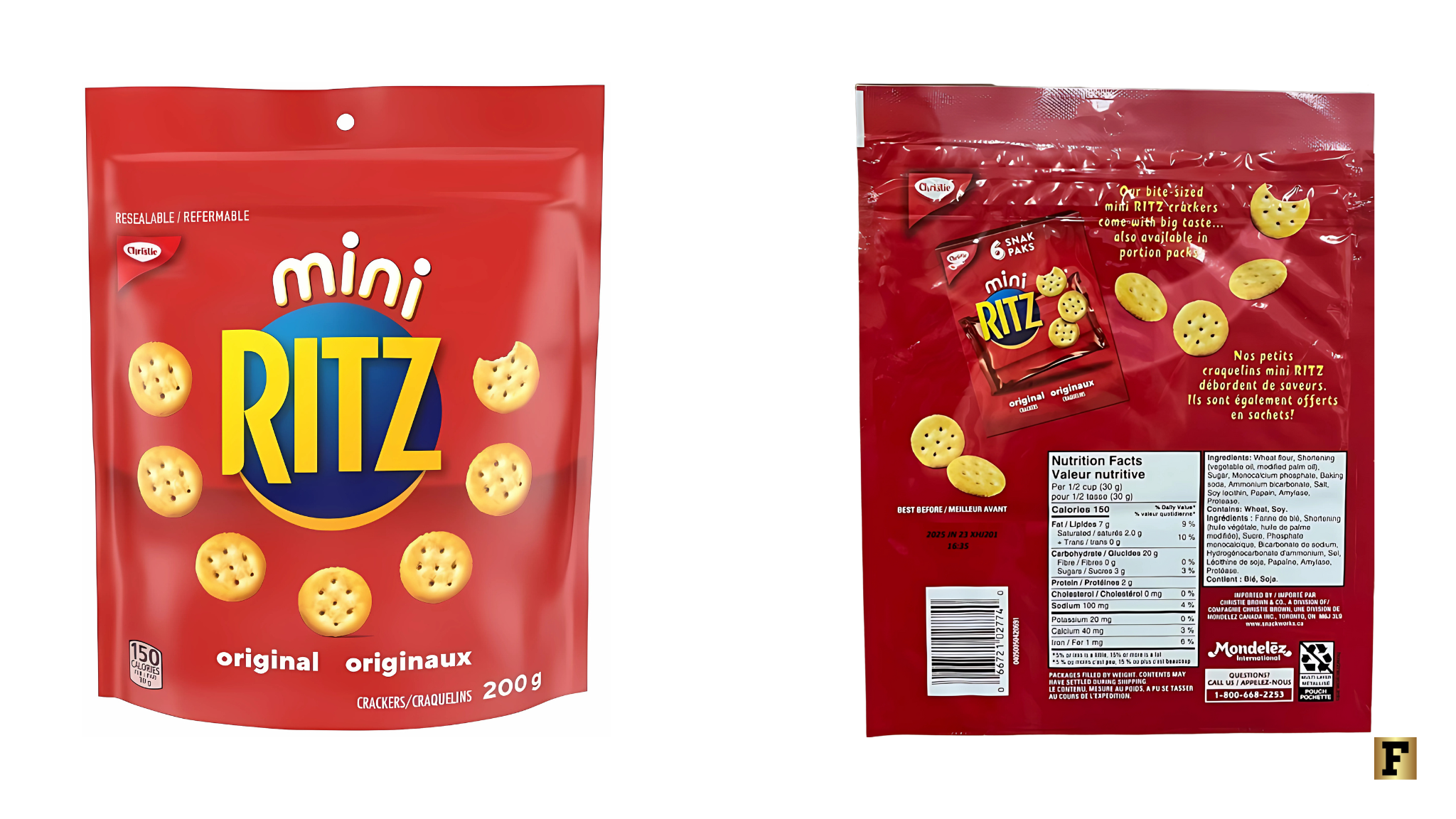 Christie Mini Ritz Crackers front and back packaging. Product recalled in Canada due to undeclared milk allergen